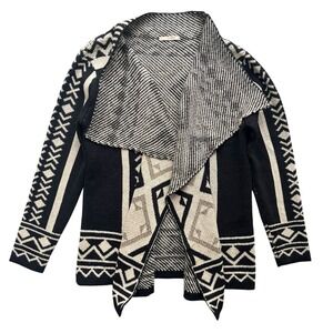 Banana USA Womens S Black Cream Gold Tribal Geometric Draped Open Front Cardigan